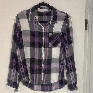 Eddie Bauer Black White and Lilac Plaid Button-Up Shirt